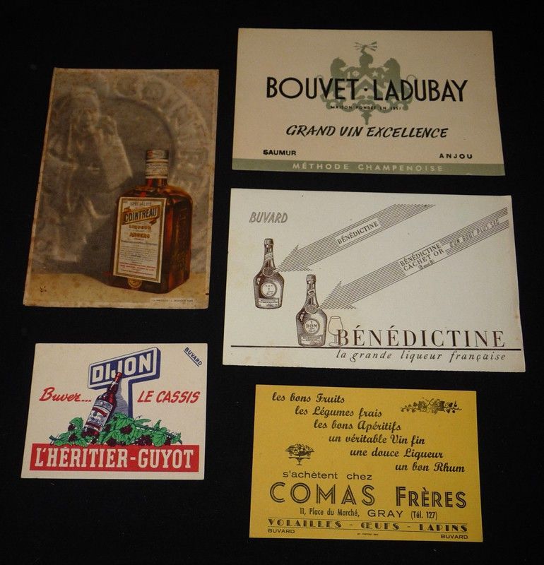 Lot de 5 buvards publicitaires sur le thème de l'alcool : Bénédictine - L'Héritier-Guyot - Comas frères - Bouvet-Ladubay - Cointreau