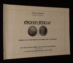 Hôtel des ventes de Troyes en Champagne - Vente du 22 et 23 octobre 1988 : Monnaies