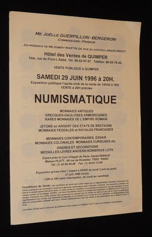 Hôtel des ventes de Quimper - Vente du 29 juin 1996 : Numismatique - Monnaies antiques grecques - gauloises - armoricaines, rares monnaies de l'empire romain, etc.