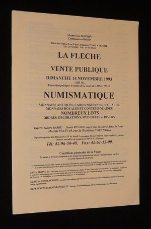 Hôtel des ventes de La Flèche - Vente du 14 novembre 1993 : Numismatique - Monnaies antiques, carolingiennes, féodales, monnaies royales et contemporaines, etc.