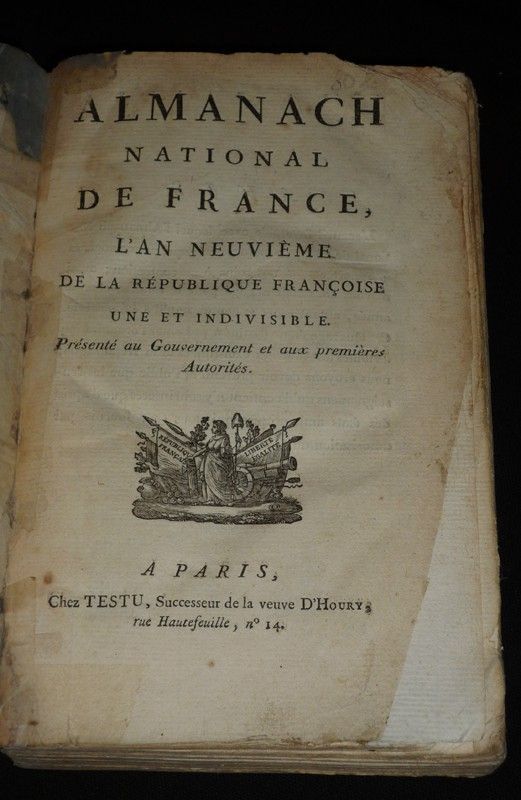 Almanach national de France, l'an neuvième de la République Françoise, une et indivisible. Présenté au Gouvernement et aux premières Autorités