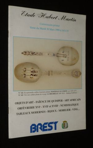 Etude Hubert Martin - Vente du 30 mars 1999 : Objets d'art, faïence de Quimper, art africain,  orfèvrerie XVIe , XVIIe et XVIIIe, numismatique, tableaux modernes, bijoux, mobilier, vins