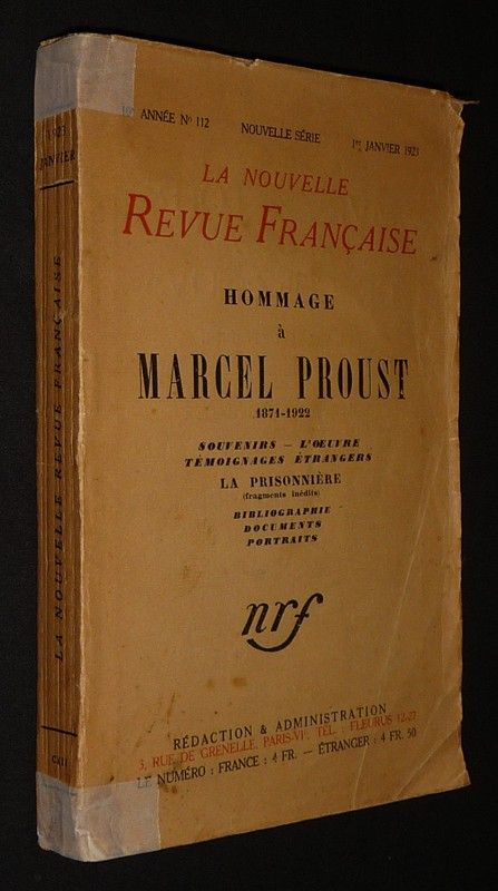 La Nouvelle Revue Française (10e année - n°112, 1er janvier 1923) : Hommage à Marcel Proust, 1871-1922