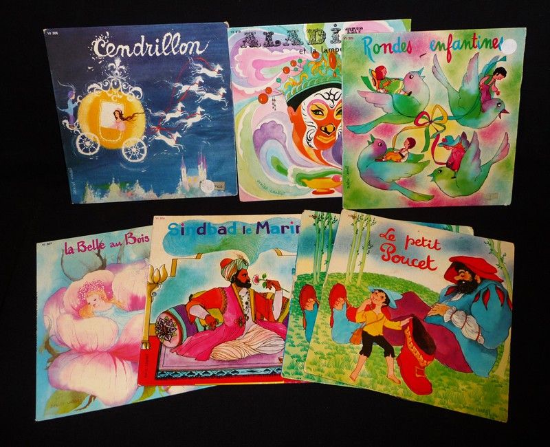 Lot de 6 contes sur vinyles 45T : Le Petit Poucet - Sindbad le Marin - La Belle au Bois Dormant - Rondes enfantines - Aladin et la lampe merveilleuse - Cendrillon