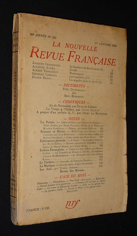 La Nouvelle Revue Française (26e année - n°292, 1er janvier 1938)