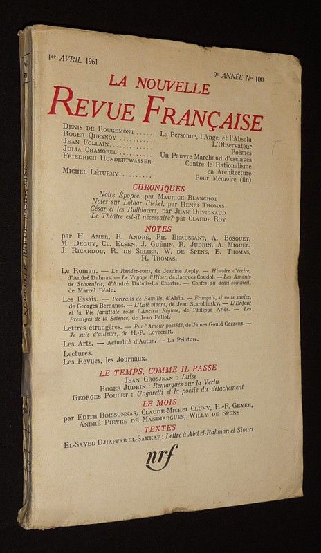 La Nouvelle Revue Française (9e année - n°100, 1er avril 1961)