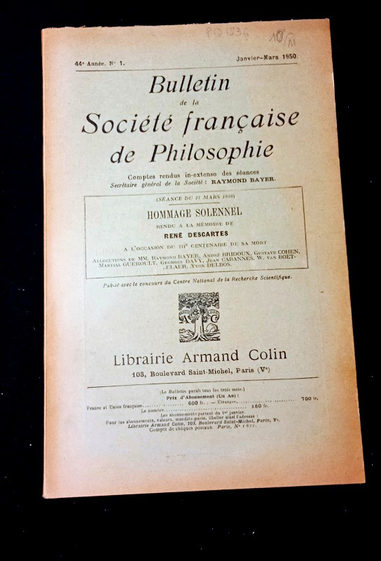 Bulletin de la Société française de Philosophie, 44e année, n°1