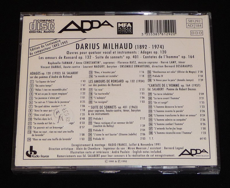 Darius Milhaud - Oeuvres pour quatuor vocal et instruments (CD)