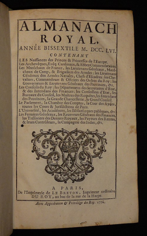 Almanach Royal, année bissextile M.DCC.LVI (1756)