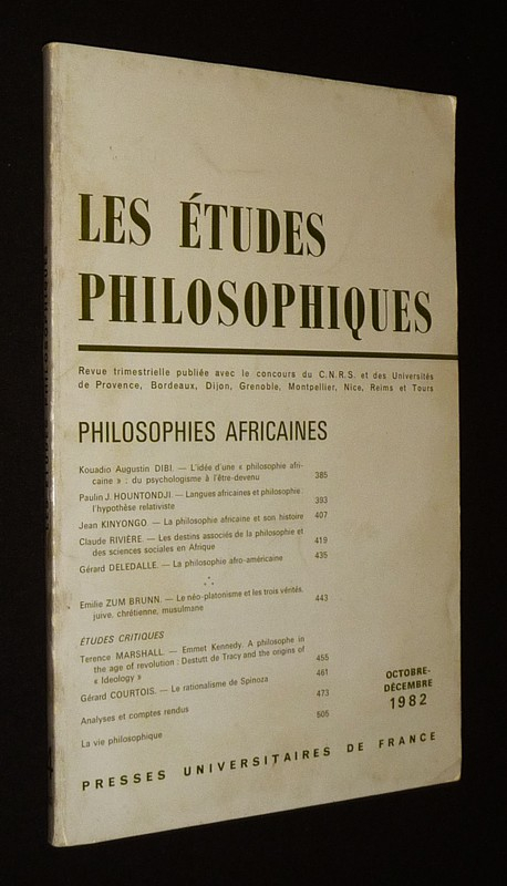 Les Etudes philosophiques (n°4, octobre-décembre 1982) : Philosophies africaines