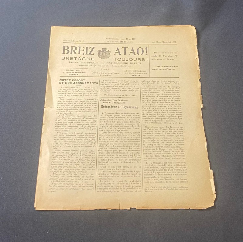 Breiz Atao la nation Bretonne revue mensuelle du nationalisme breton 1921 numéro (5-6) de la troisième année