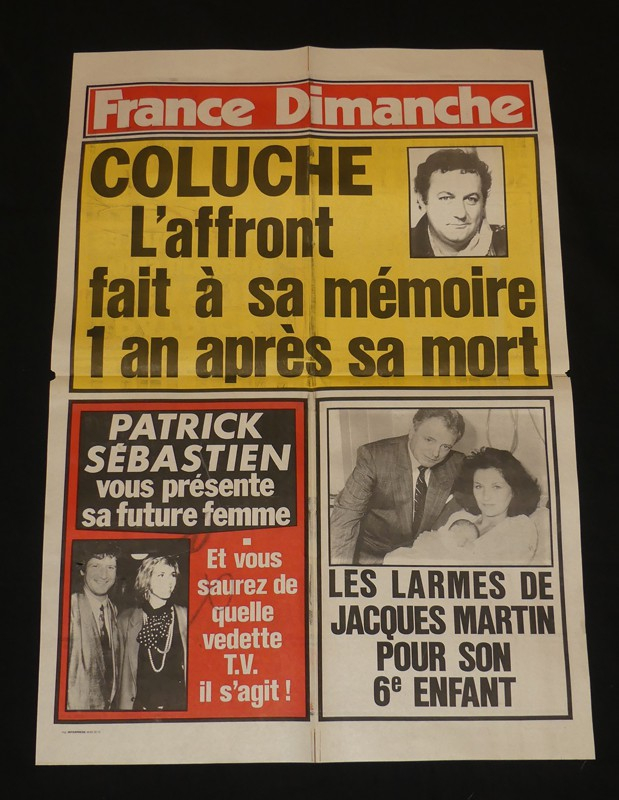 Affiche de kiosque pour France Dimanche : Coluche - Patrick Sébastien - Jacques Martin