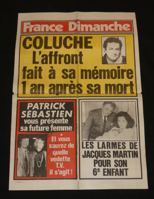 Affiche de kiosque pour France Dimanche : Coluche - Patrick Sébastien - Jacques Martin