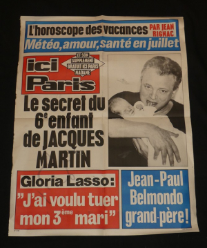 Affiche de kiosque pour Ici Paris : Jacques Martin - Gloria Lasso - Jean-Paul Belmondo
