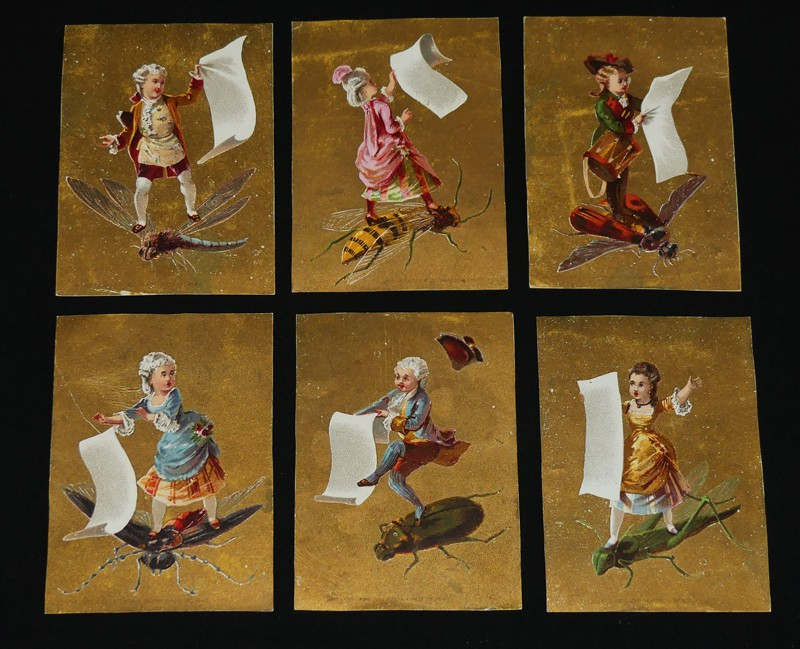 Lot de 6 chromos : Personnages sur insectes lisant un discours