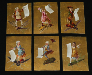 Lot de 6 chromos : Personnages sur insectes lisant un discours