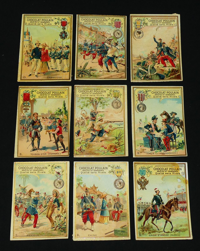 Lot de 9 chromos Chocolat Poulain : Décorations militaires françaises et étrangères
