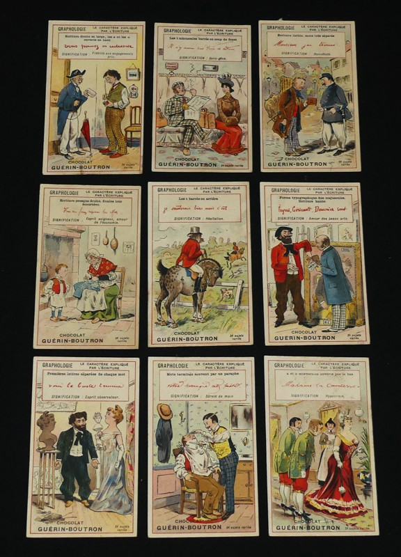 Lot de 9 chromos Chocolat Guérin-Boutron : La Graphologie