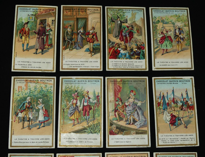 Lot de 16 chromos Chocolat Guérin-Boutron : Le théâtre à travers les âges