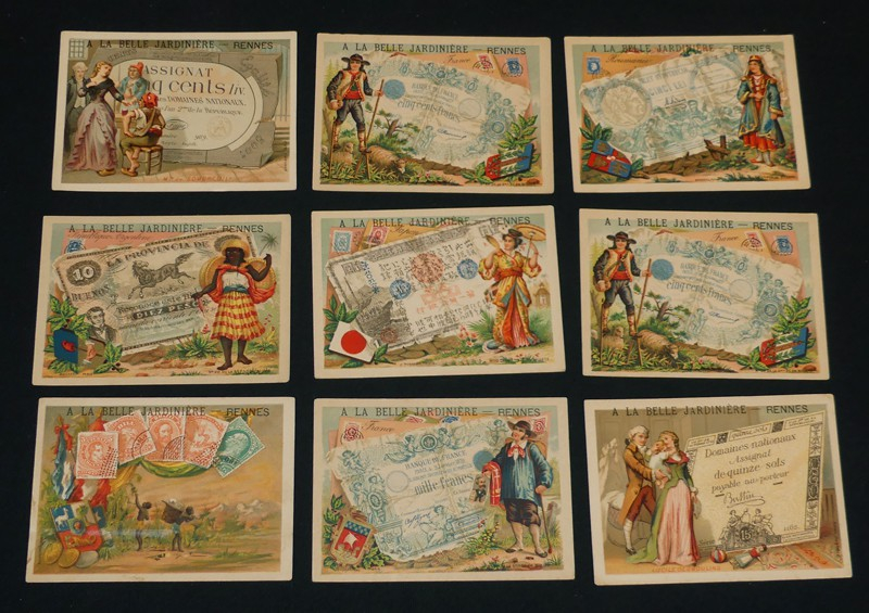 Lot de 9 chromos 'A la Belle Jardinière' : Billets et timbres