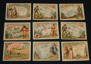 Lot de 9 chromos 'A la Belle Jardinière' : Billets et timbres